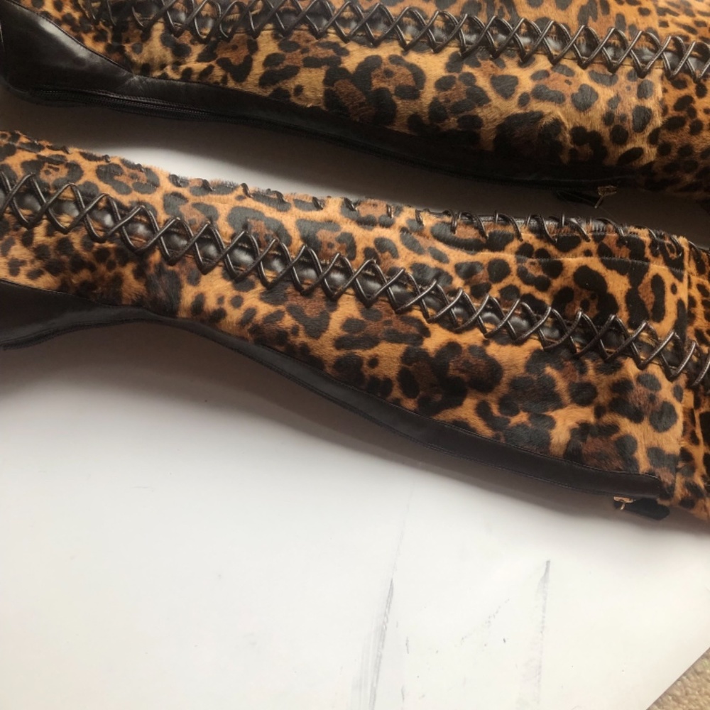 Brian Atwood Belle Cheetah Leapoard Leather CalfHair LaceUp Thigh Boots NEW 38 - Picture 5 of 11